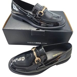 Fashion Nova Glossy Black Loafers with Gold Accent